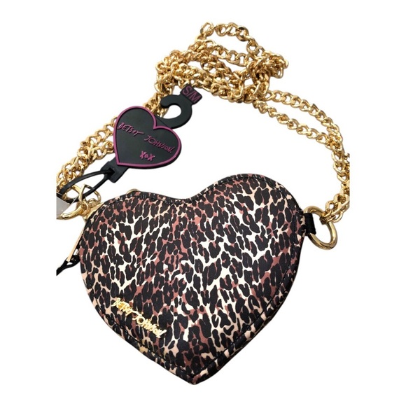 Betsey Johnson leopard animal print heart shaped gold chain‎ mini crossbody new - Picture 2 of 11